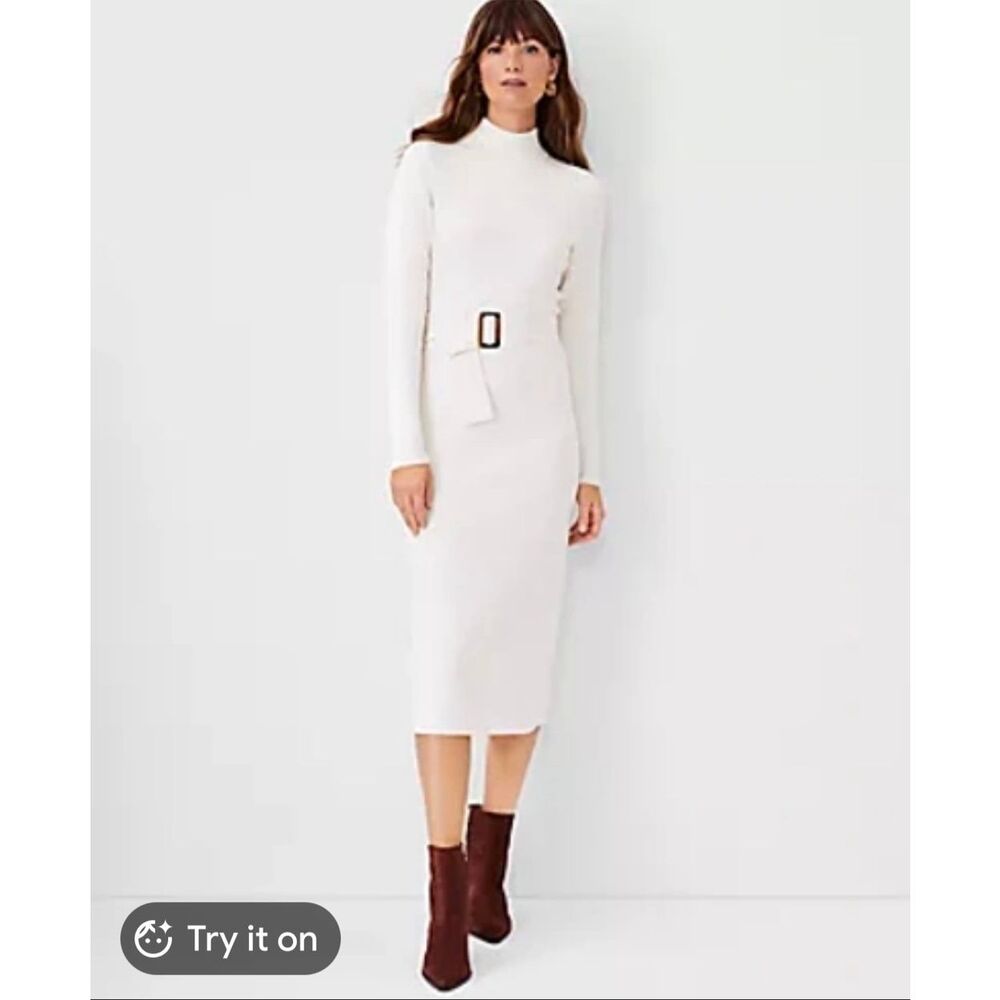 Ann Taylor Petite Belted Mock Neck Sweater Dress Cream Off-White XSP Midi